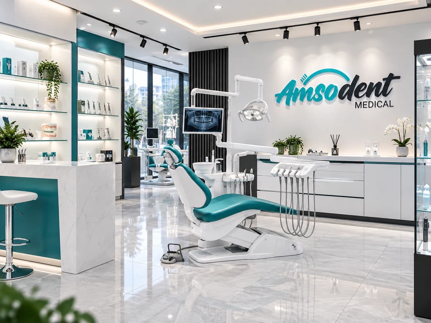 Showroom de Amsodent Medical con equipamiento odontológico en exhibición